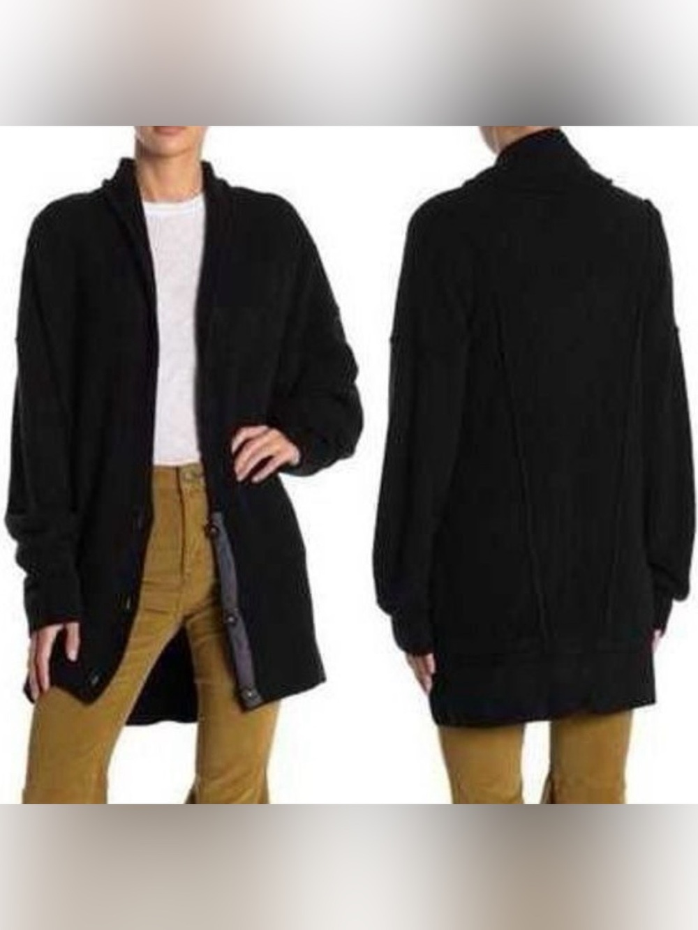 Free People Eucalyptus Black Wool Blend Oversized Open-Front Shawl Neck Cardigan